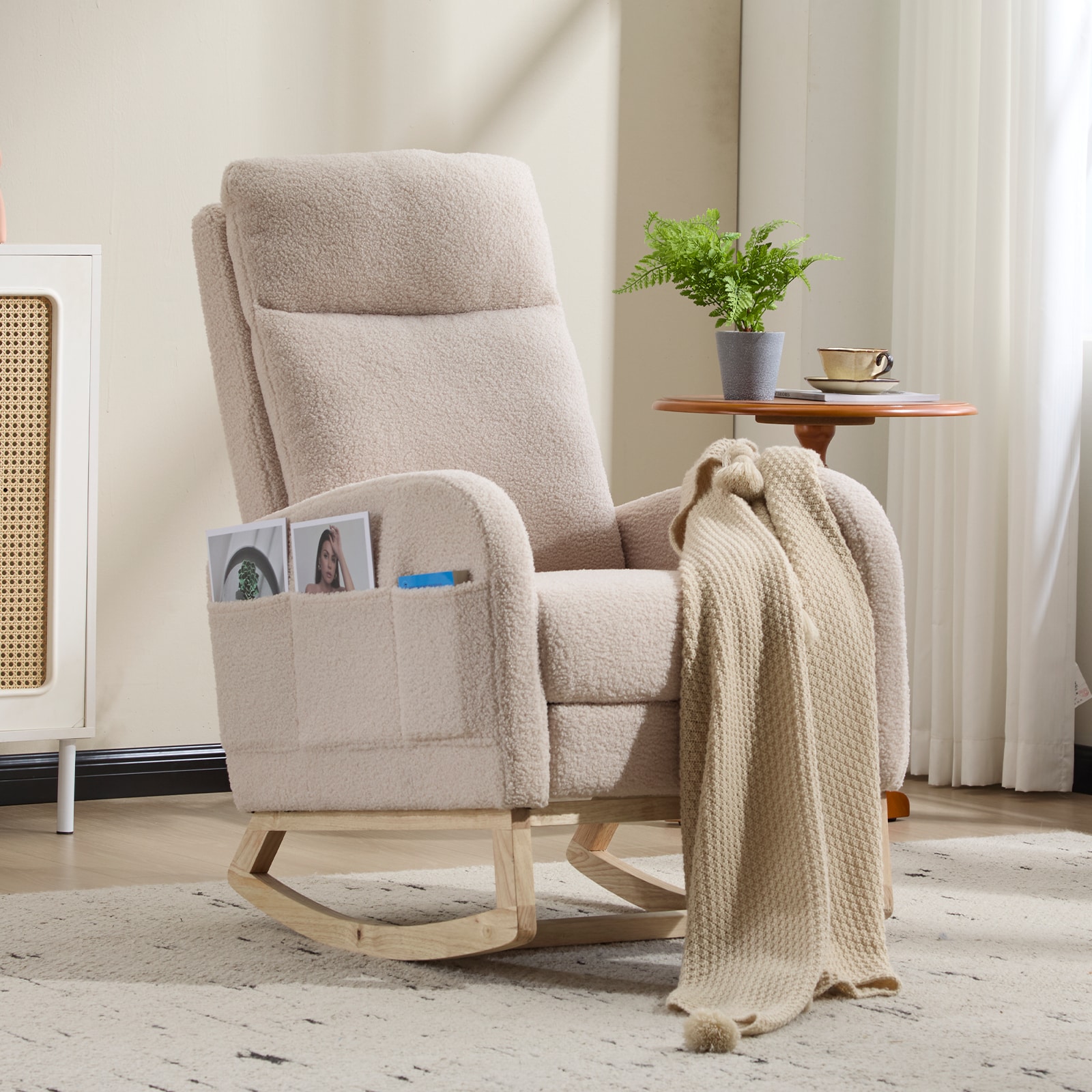Modern Accent Rocking Chair Rocking Chair With Solid Wood Legs, Upholstered Nursery Glider Rocker, Comfy Armchair With Side Pocket, Living Room Lounge Arm Chair With High Backrest (Beige,teddy)_voghion.com
